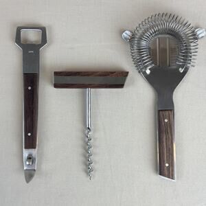 MCM Stainless Steel Wood Bar Set -Vintage Japan Bottle Opener Strainer Corkscrew